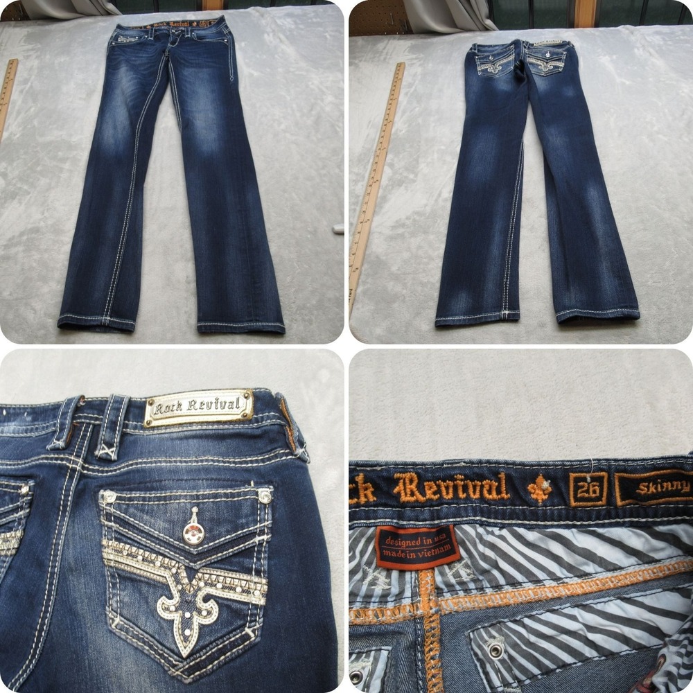 Rock Revival Jeans Womens 26 Skinny Dark Wash Denim Embellished Pockets 29X31